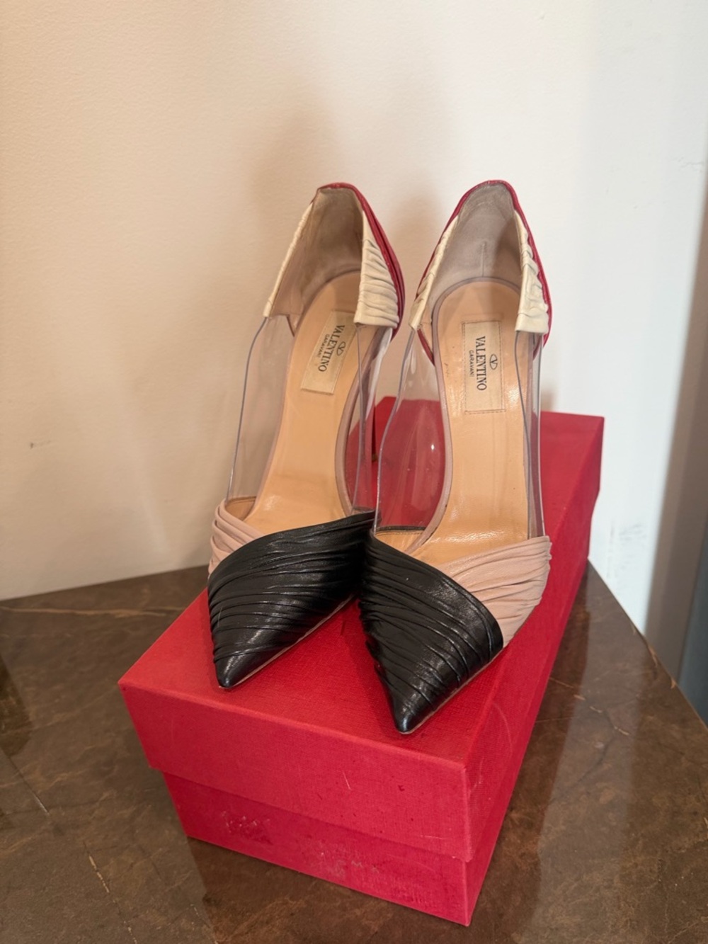 Valentino Garavani Black, Beige and Clear Pointed D'Orsay Pumps
